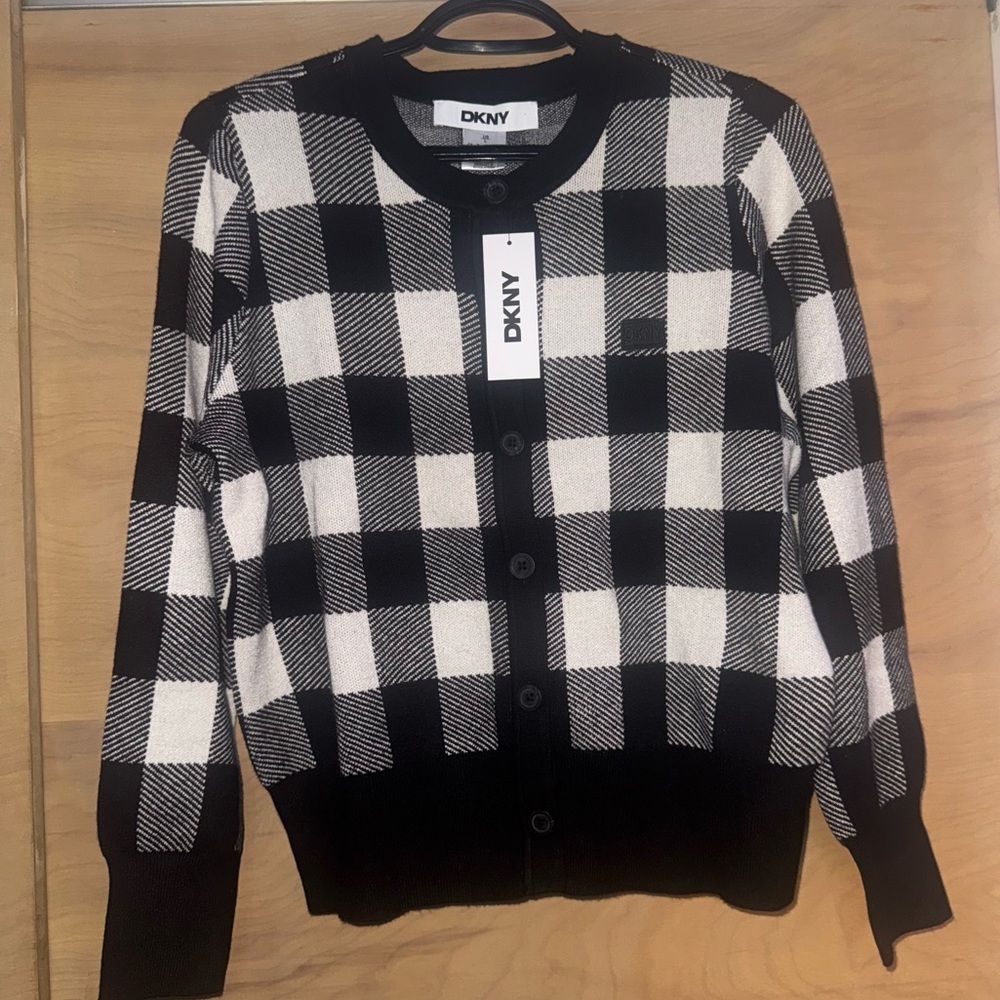 DKNY black and white Knit button up top
